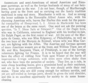 Screenshot of a paragraph in "Saunterings" concerning the war's effect on US-American high society.